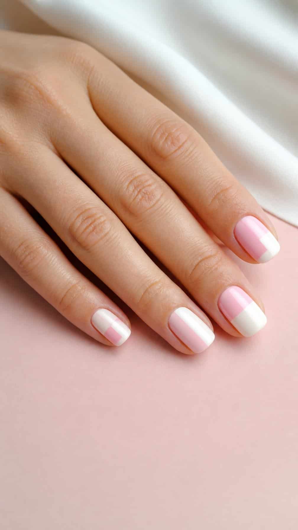 A hand with short nails painted in pink-and-white geometric blocks rests on a pale pink surface.