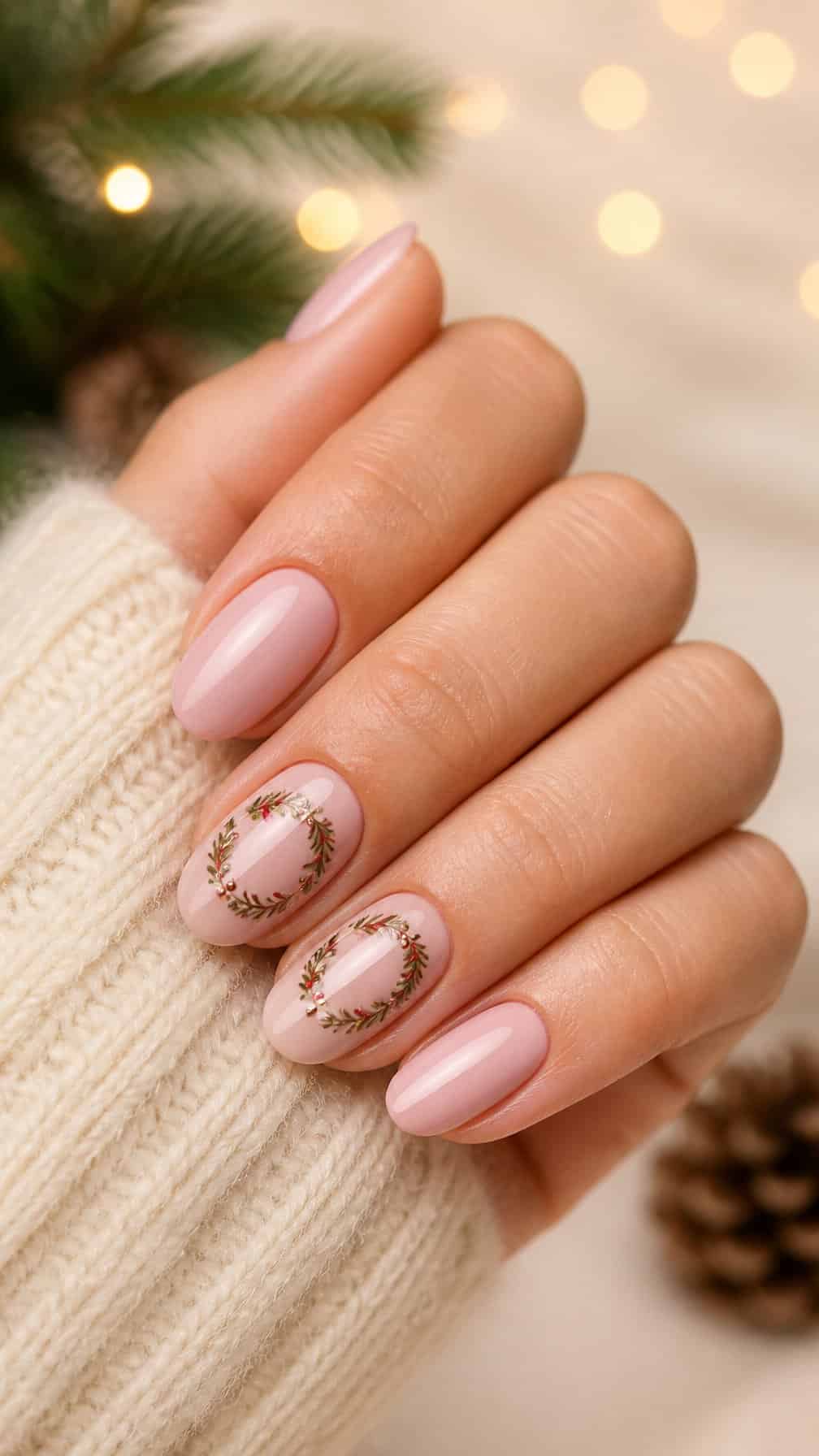 A hand with glossy pink nails and delicate Christmas wreath designs on accent nails.