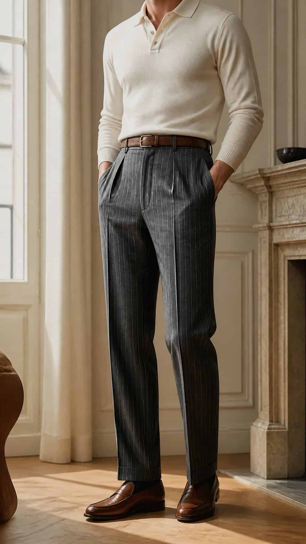 A person wearing tailored gray pinstripe trousers, a light shirt, and brown loafers in a bright room.