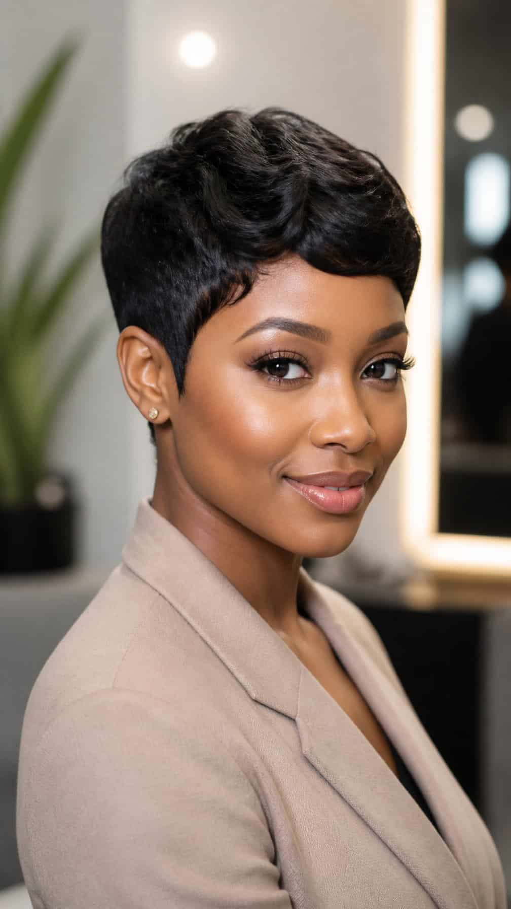 A woman poses in a modern salon with a short, neatly styled haircut.