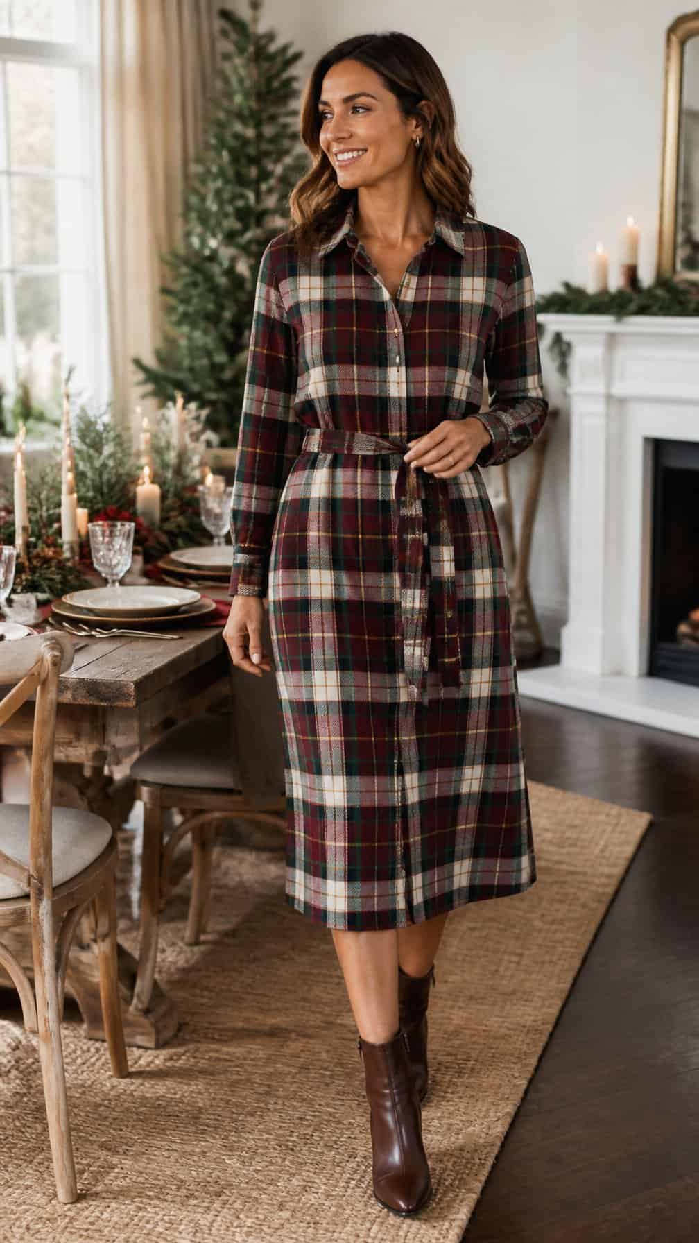 A woman in a plaid shirt dress and ankle boots stands in a warmly decorated dining room prepared for Christmas lunch.
