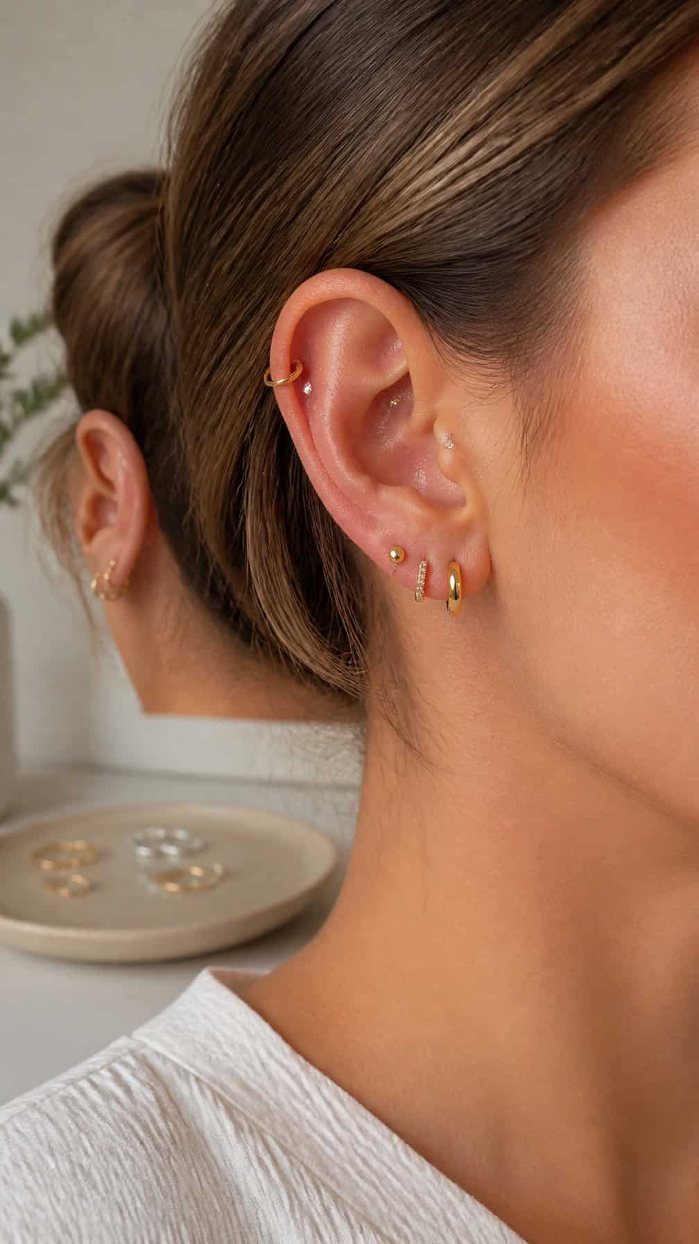 Close-up of an ear with a balanced arrangement of delicate hoops and stud piercings beside neatly organized jewelry.