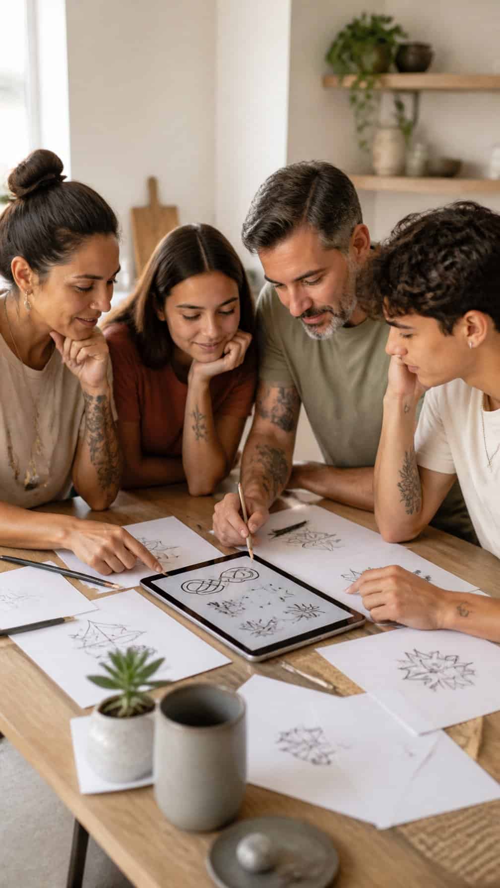 A family gathers around a table to discuss and sketch ideas for meaningful tattoos.