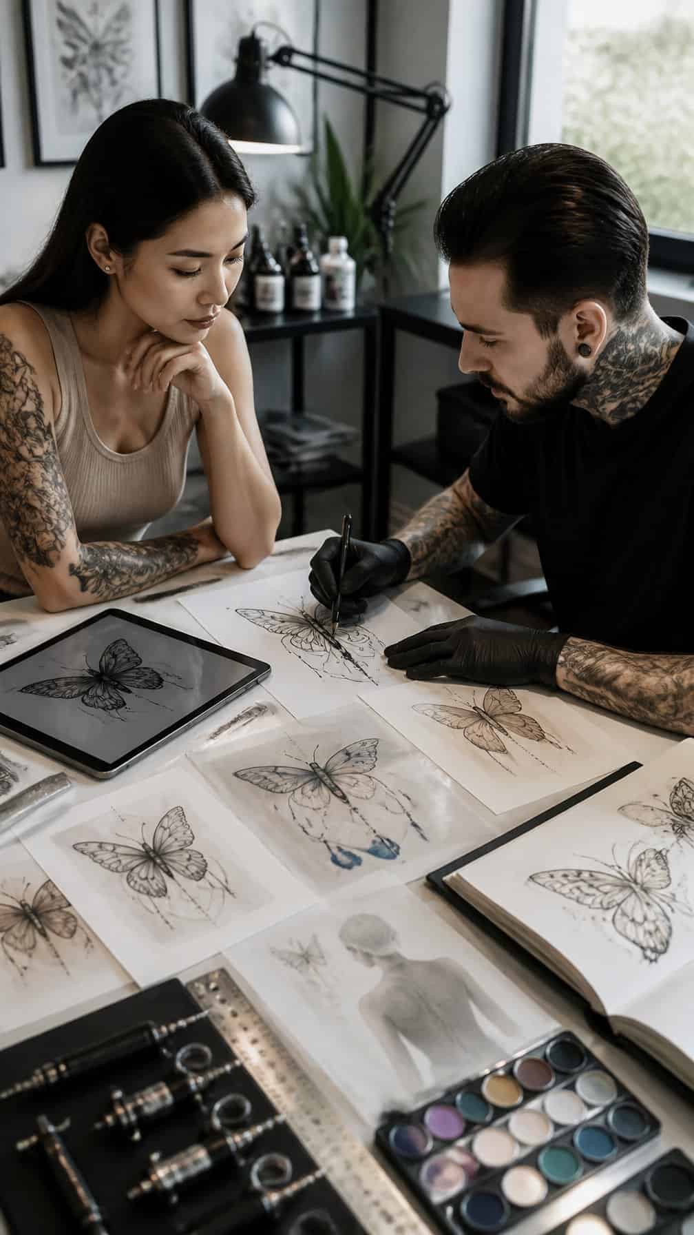 A client and tattoo artist review original butterfly tattoo designs at a clean studio workstation.