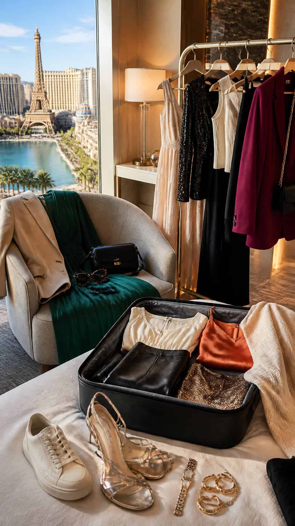 A selection of stylish clothing, shoes, and accessories arranged in a hotel room for a Las Vegas weekend.