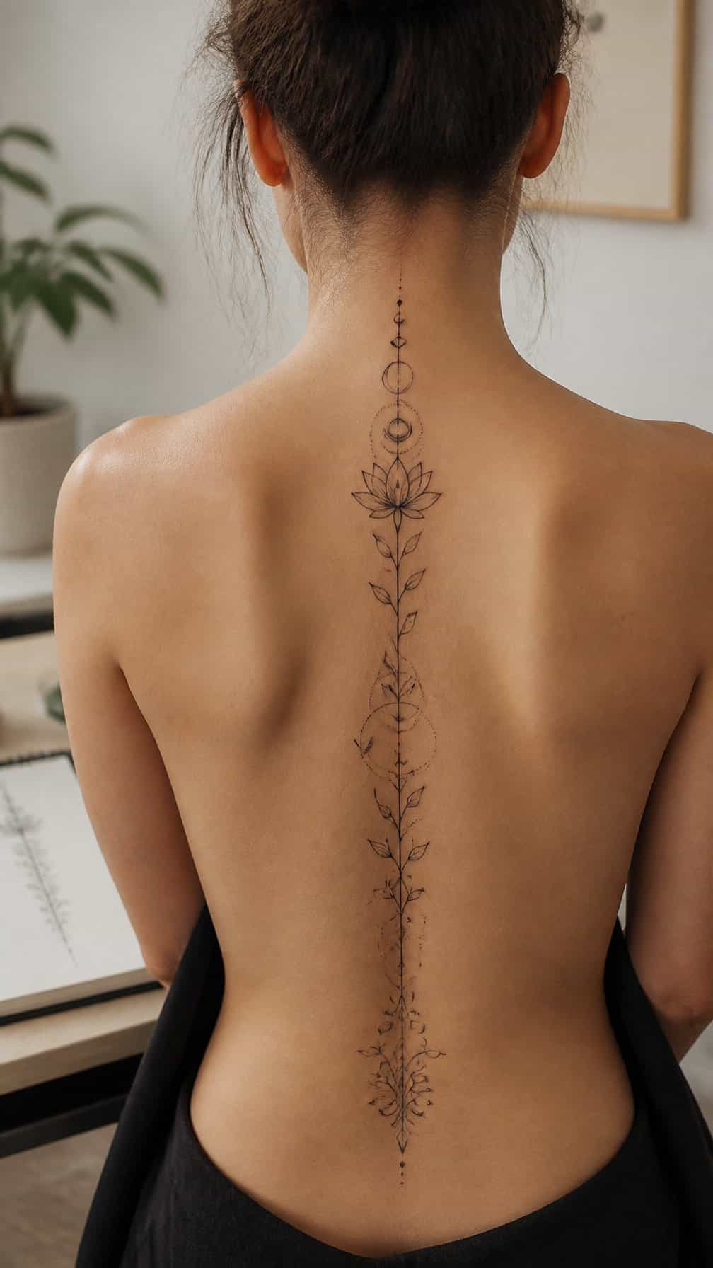 A person viewed from behind with a carefully planned vertical tattoo centered along the spine.