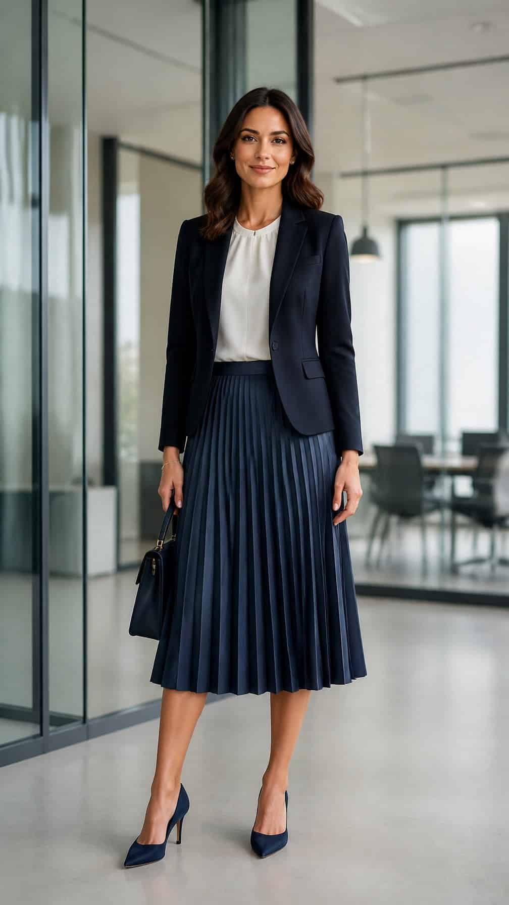 A woman in a pleated midi skirt and fitted blazer standing in a modern office.