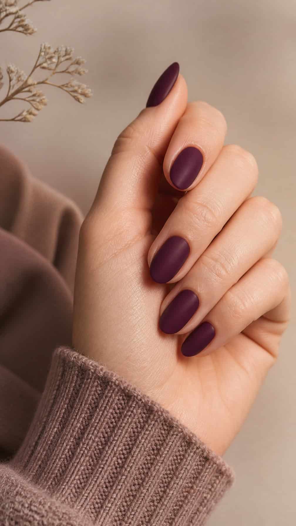 A close-up of neatly manicured hands with matte plum-colored nails.