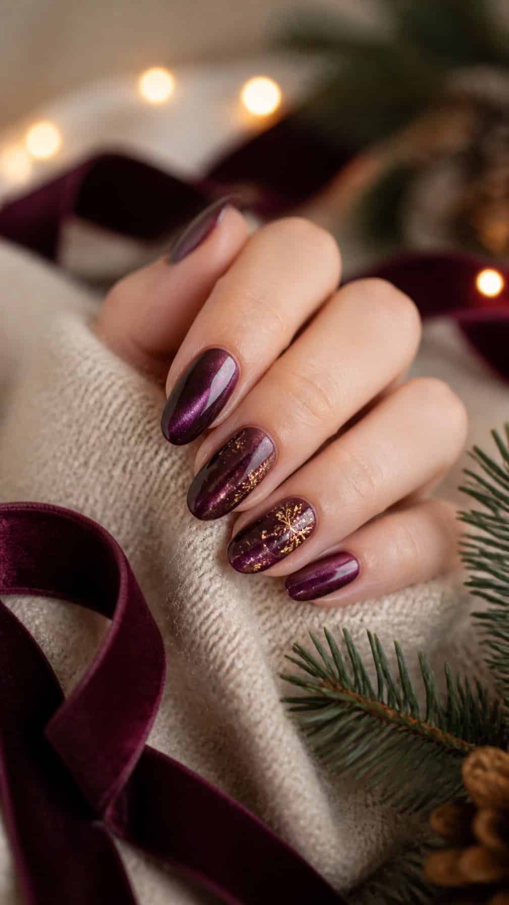 A hand with elegant plum velvet Christmas nails rests on cream fabric beside ribbons, greenery, and warm lights.