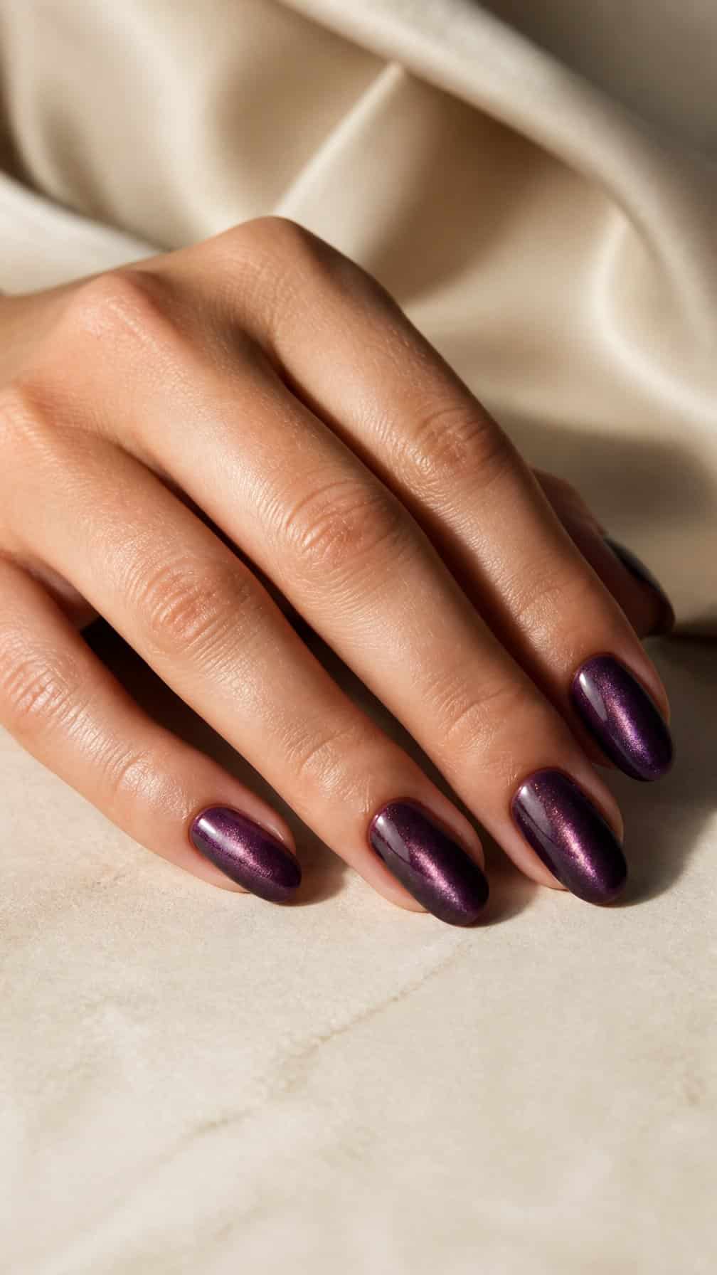 A hand with glossy plum-purple velvet nails resting on a pale neutral surface.