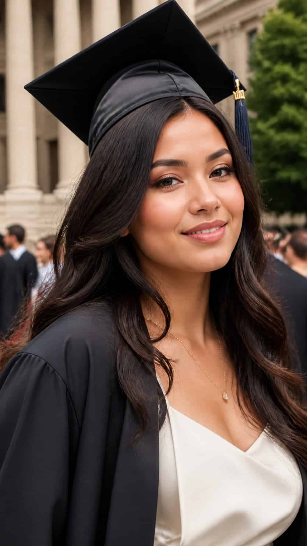 A graduate wearing a cap and formal attire smiles outdoors with polished natural makeup.