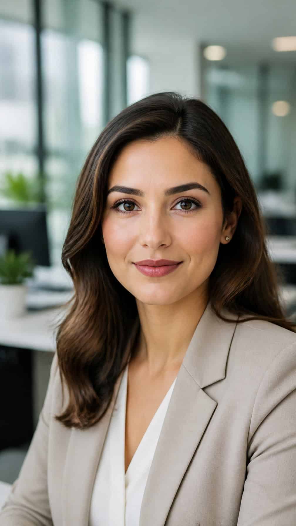 Professional woman with polished natural makeup in a modern office.