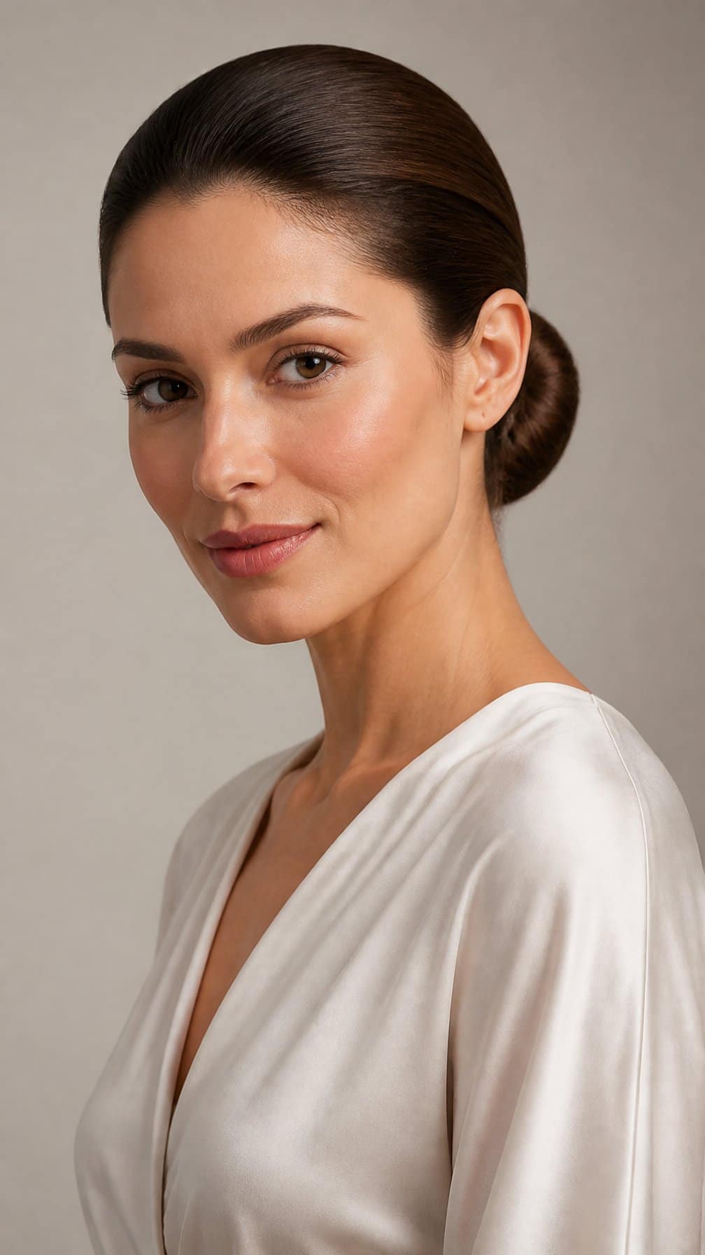 A woman with her hair styled in a low bun poses against a plain background.