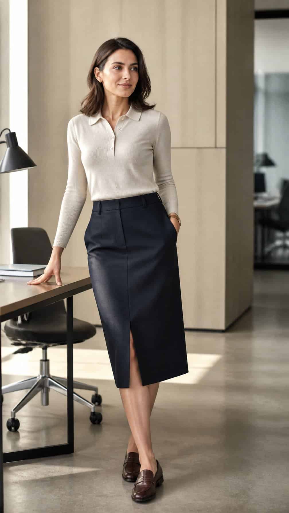 A woman in a polo sweater and midi skirt standing in a bright office.