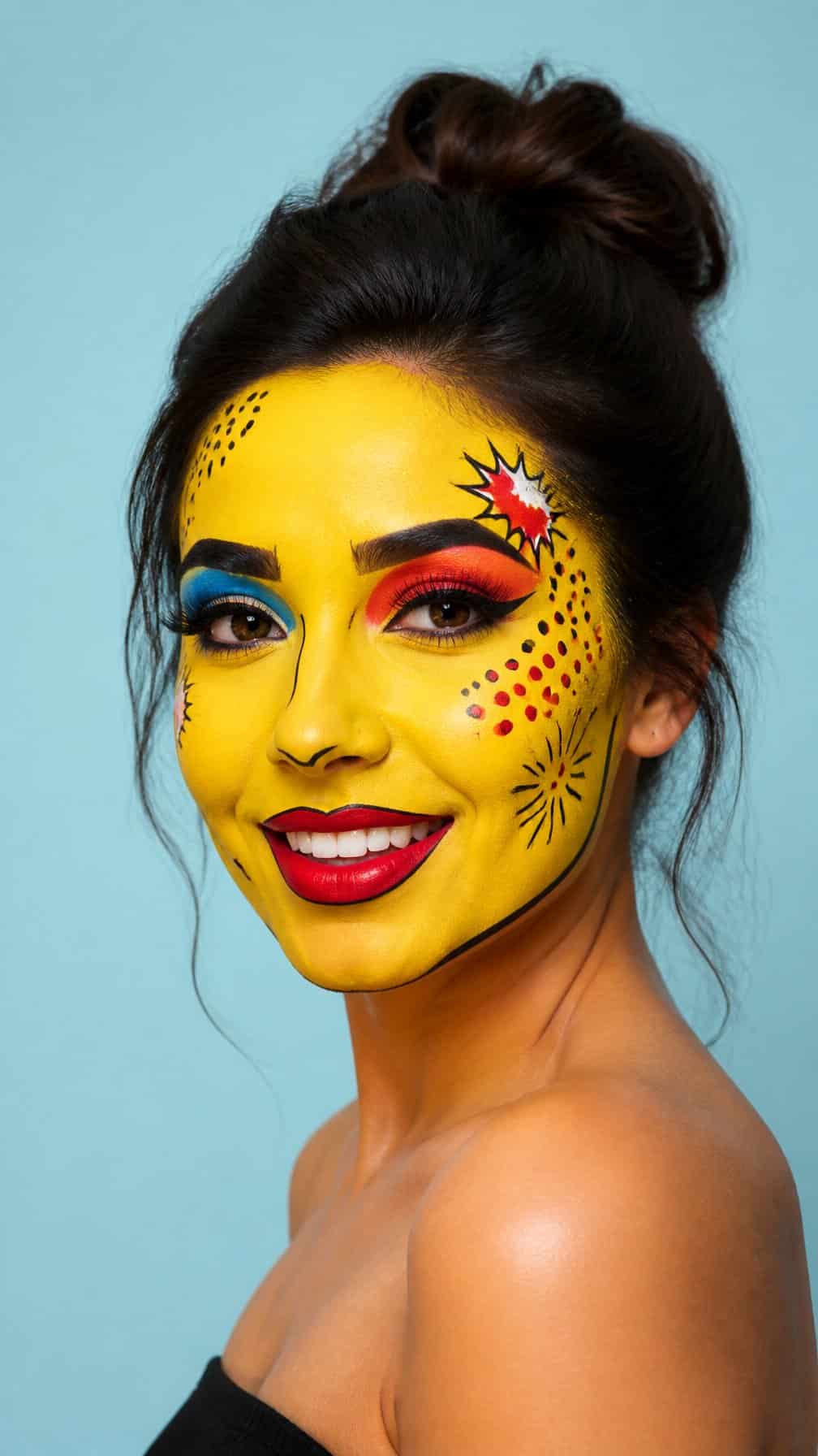 A person faces the camera wearing colorful comic-inspired Halloween makeup.