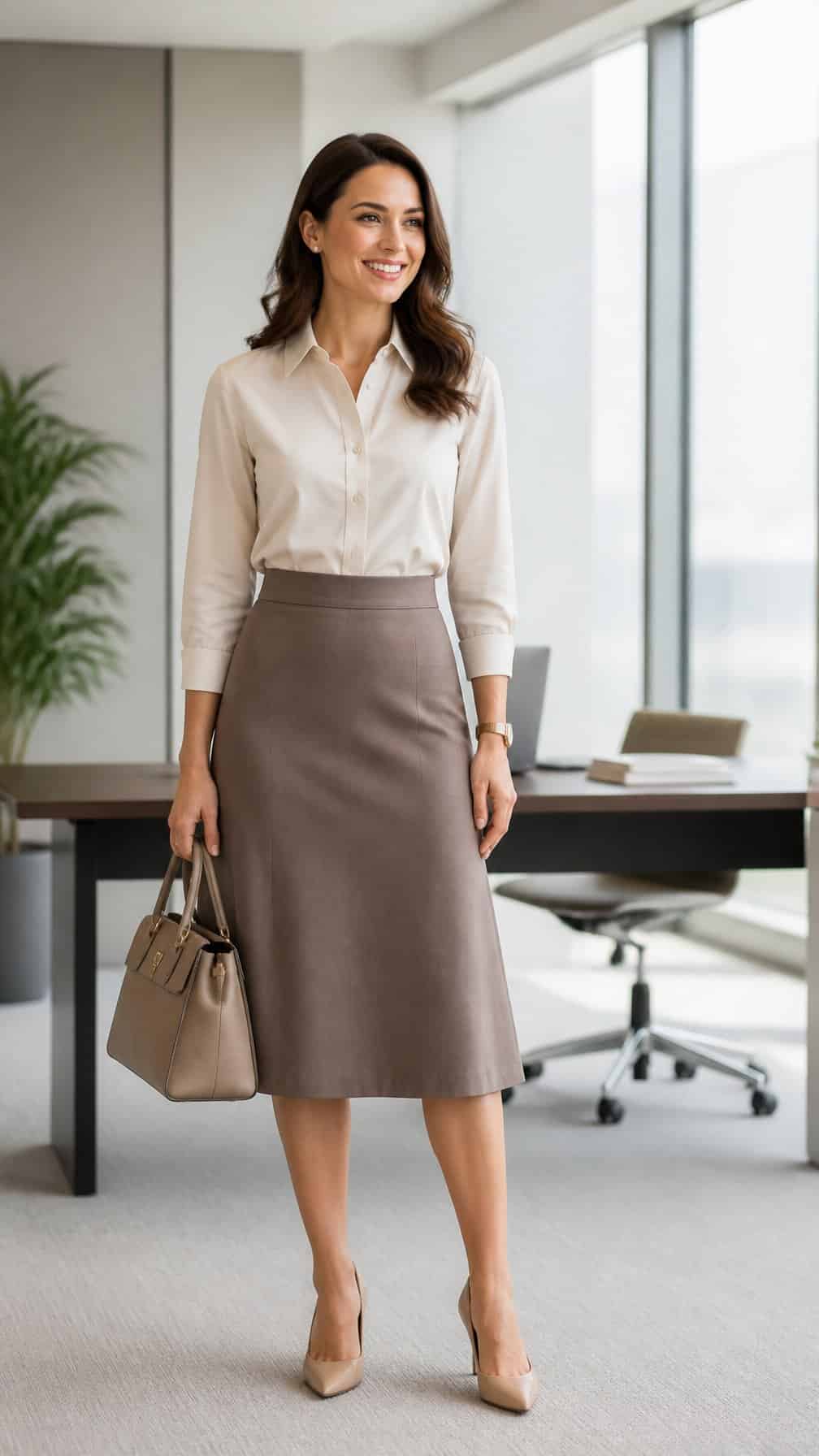 A professional woman wearing a poplin blouse and A-line skirt in a bright office.
