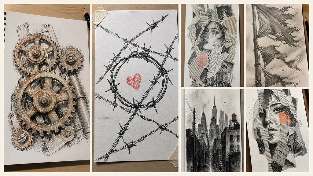 Six 30 grunge drawing ideas for real depth and texture shown in an editorial collage