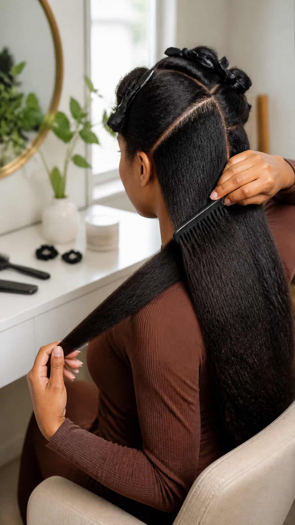 A person prepares long hair by detangling and dividing it into sections at a styling station.