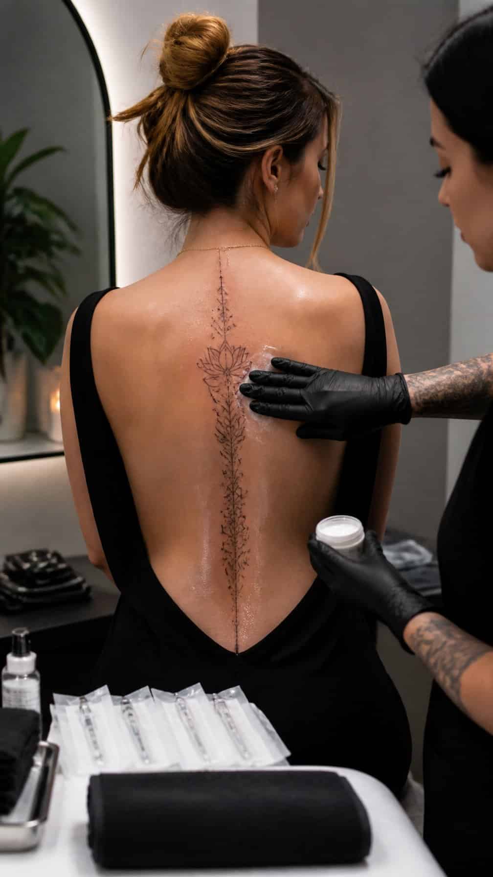 A woman receives aftercare for a fresh vertical tattoo along her spine in a clean tattoo studio.