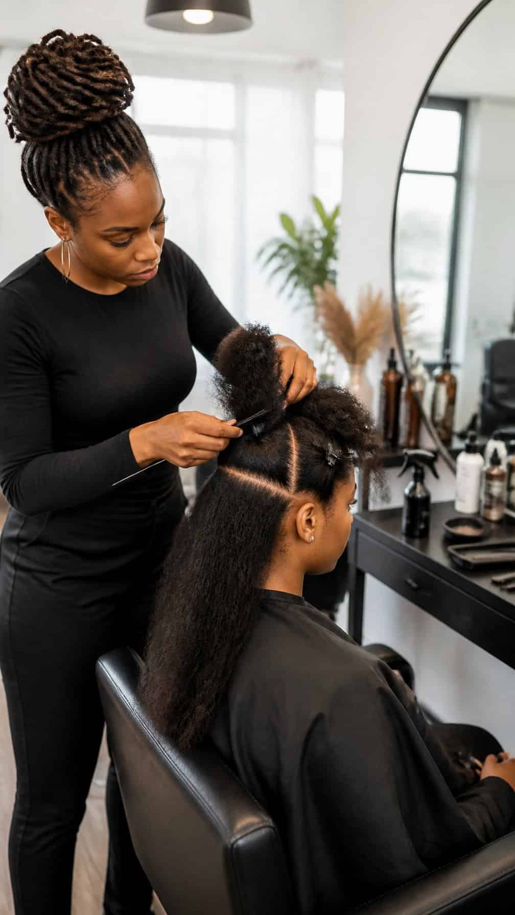 A hairstylist prepares a client’s long hair in a bright salon.