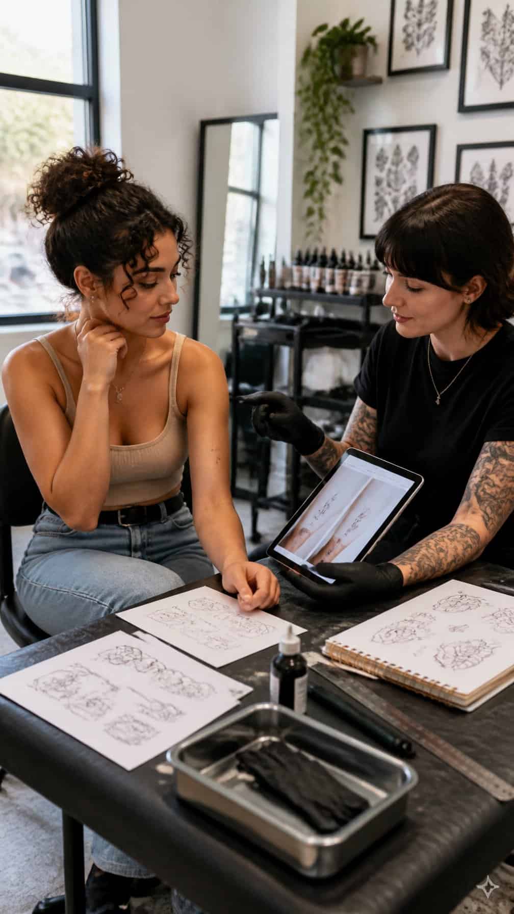 A client discusses tattoo placement options with an artist in a clean tattoo studio.