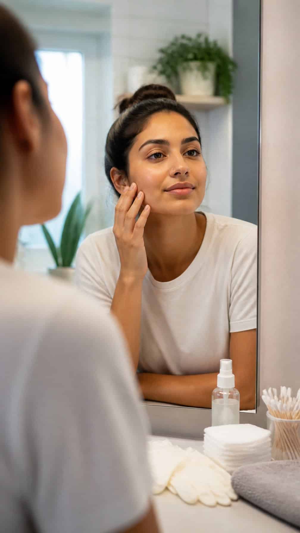 A young adult carefully checks a nose piercing beside neatly arranged aftercare supplies.
