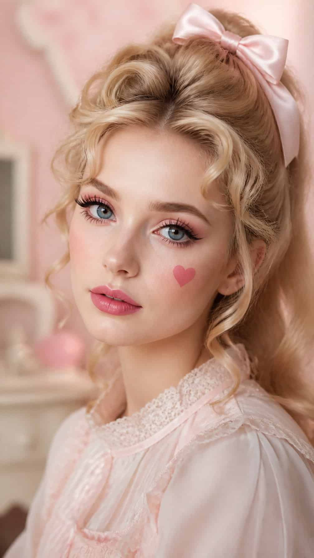 Woman wearing elegant porcelain doll-inspired makeup and a pastel vintage outfit.