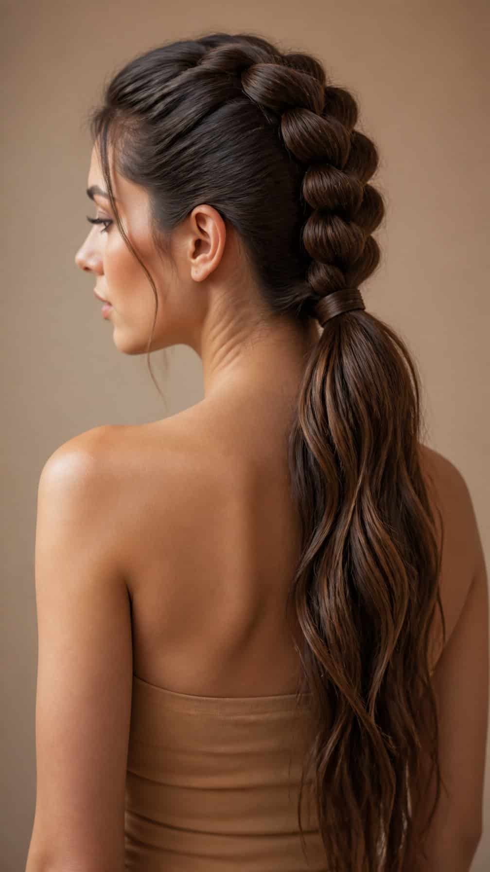 Woman with long hair styled in a pull-through braid ponytail.