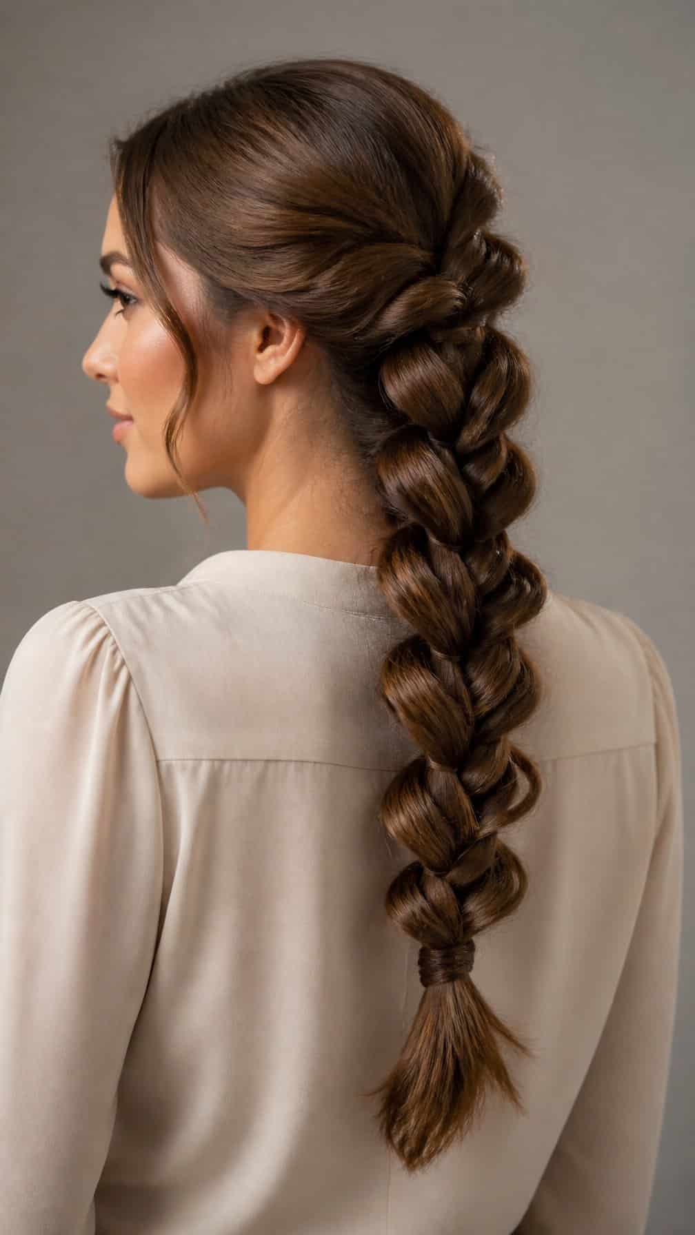 Woman with long brown hair styled in a segmented pull-through braid down her back.