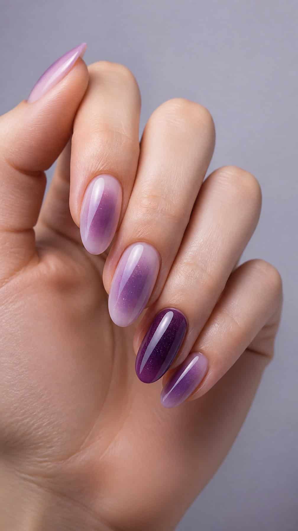 A hand with glossy purple gradient manicure.
