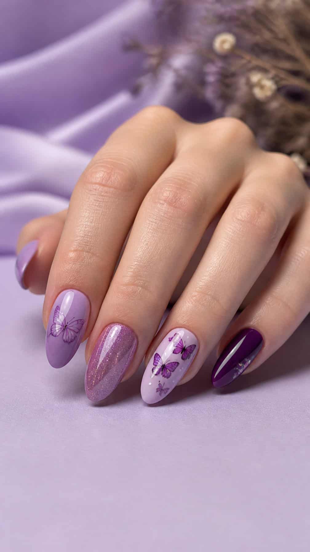 A manicured hand with purple nails decorated with delicate butterfly designs.