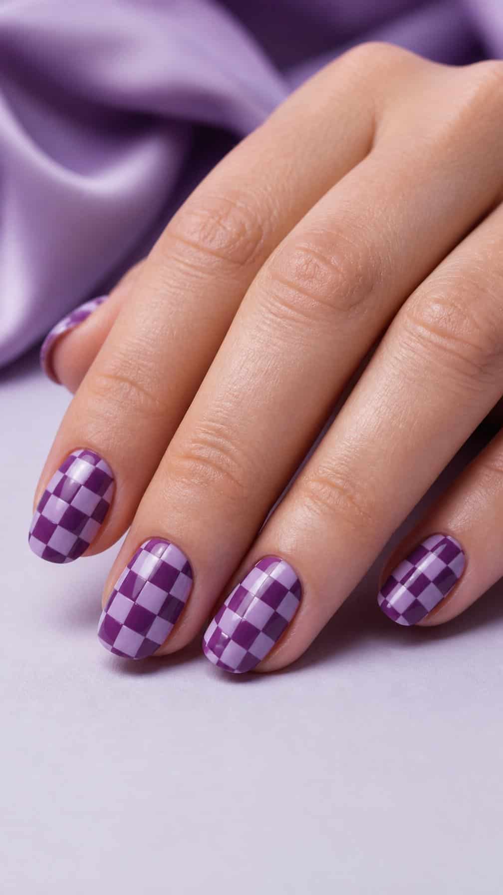 A manicured hand with lilac and plum purple checkerboard nails resting on a neutral surface.