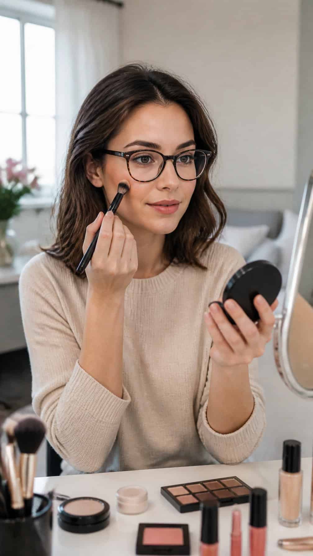 A woman wearing glasses applies natural makeup at a bright vanity.