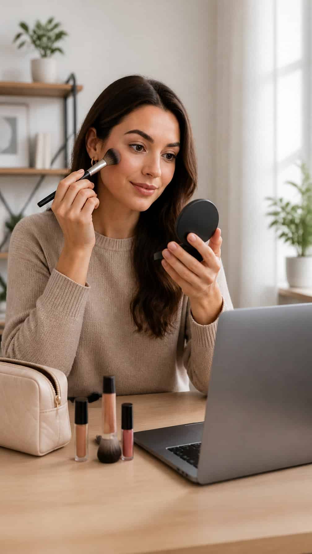 A woman applies simple makeup at a home workspace beside an open laptop.