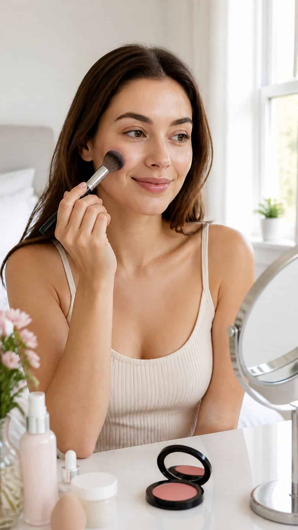 A woman applies rosy blush to her cheek at a bright morning vanity.
