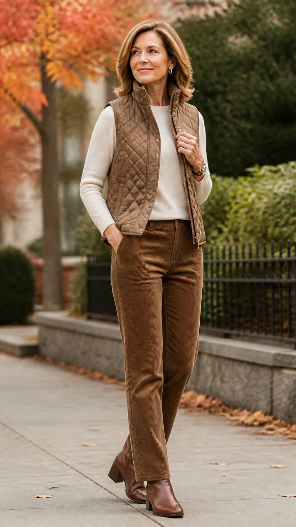 Woman wearing a quilted vest and straight-leg corduroy trousers outdoors in autumn.