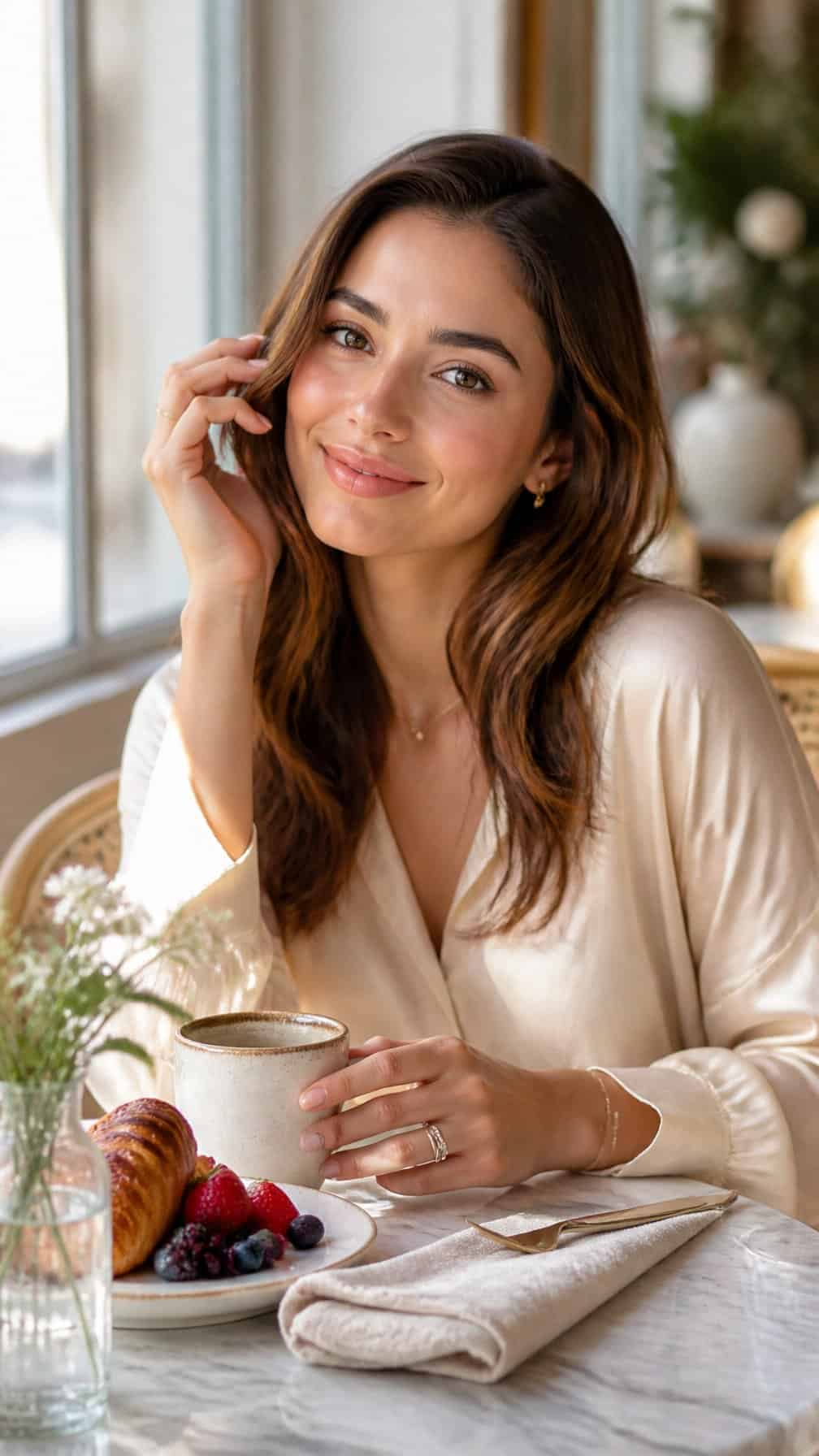 Woman with glowing natural makeup enjoying brunch at a bright café table.