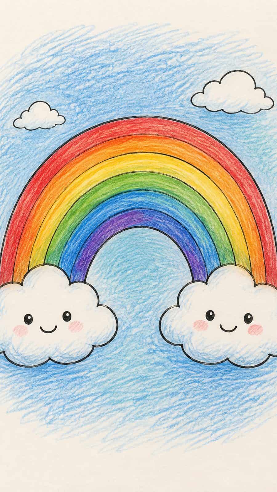 A hand-drawn artwork of rainbow with puffy clouds.