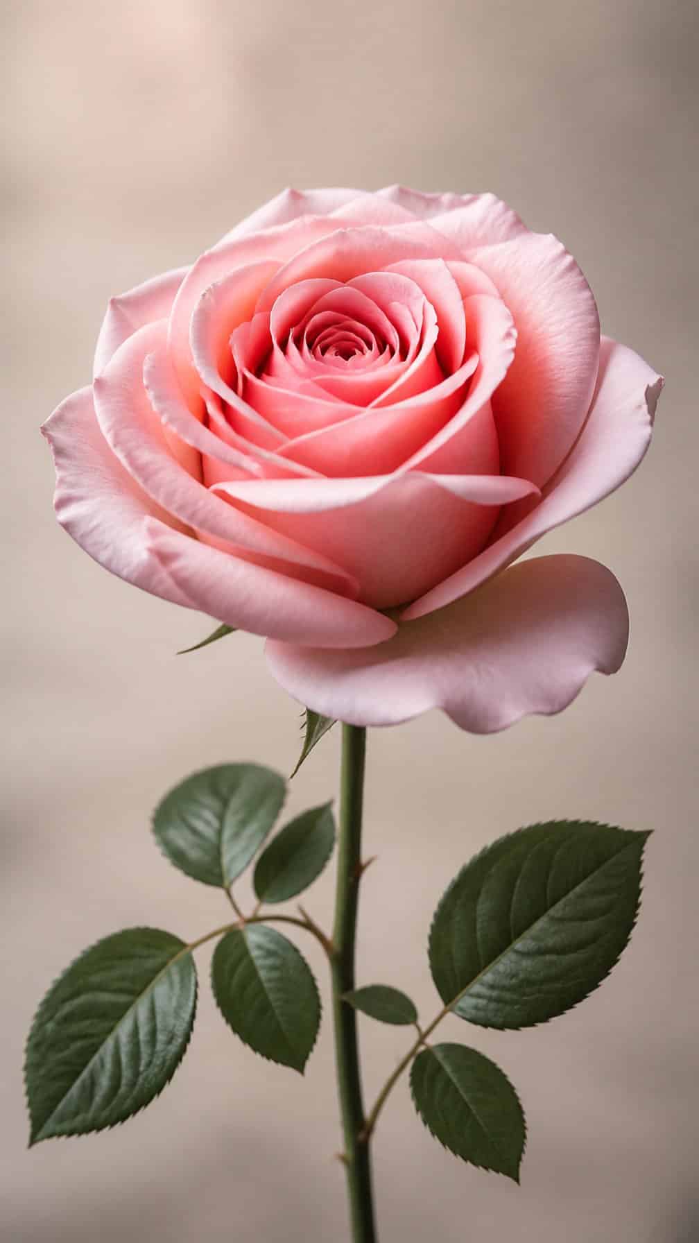 A realistic blooming rose with curved, layered petals on a green stem.