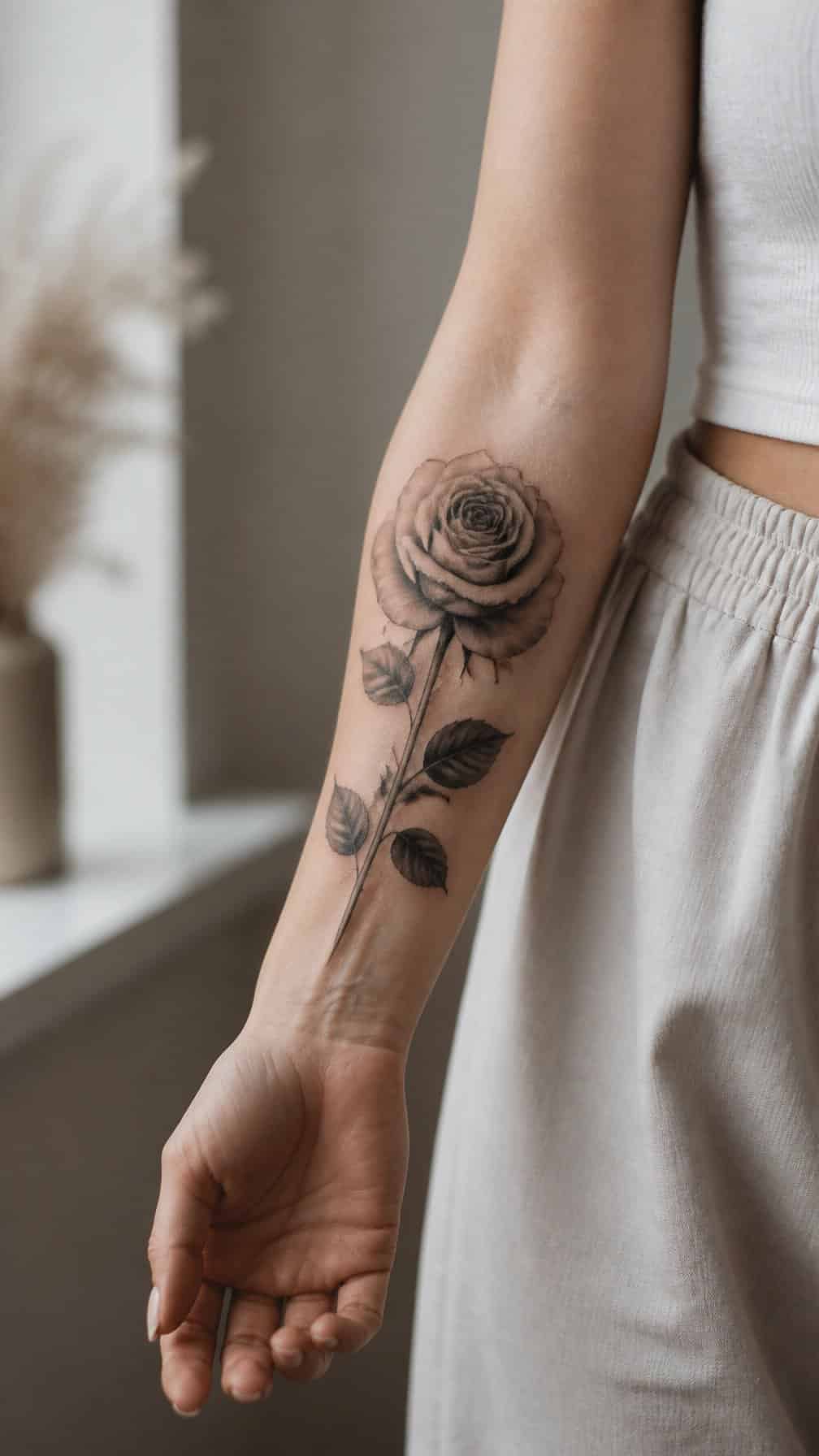 A woman’s forearm displaying a realistic rose tattoo.