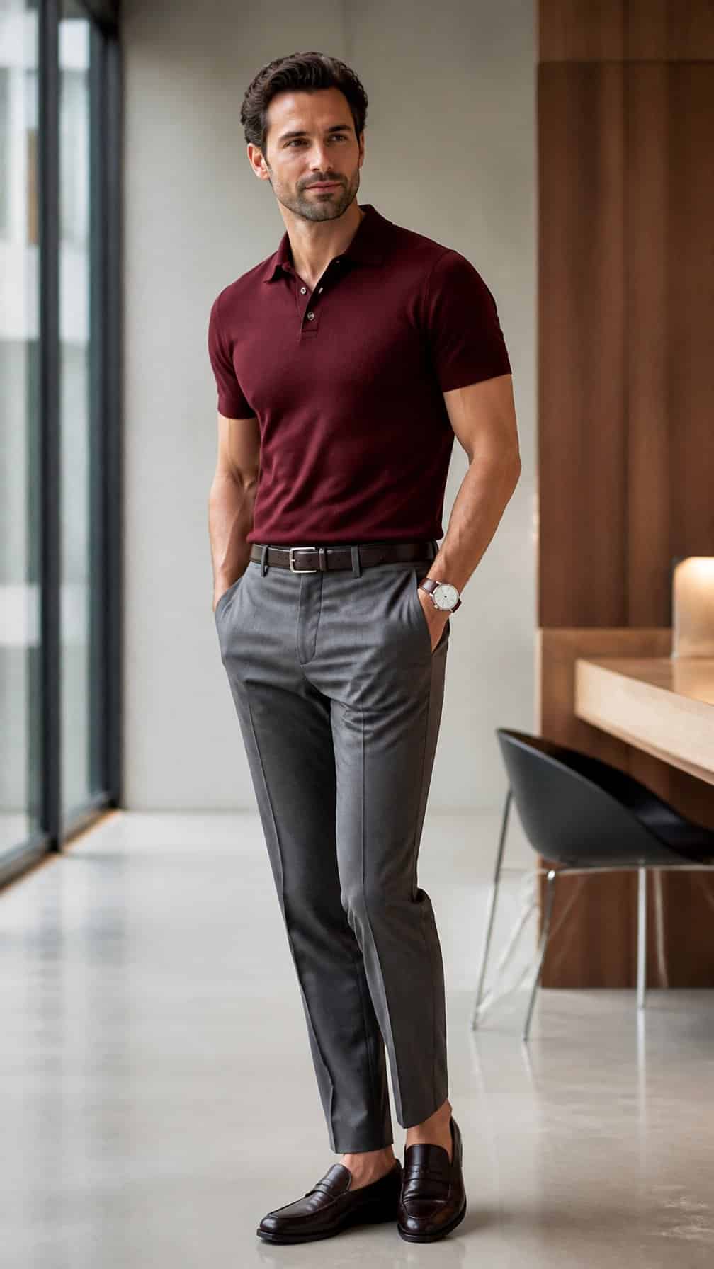 A man wearing a red knit polo shirt and gray tailored trousers stands in a modern office.