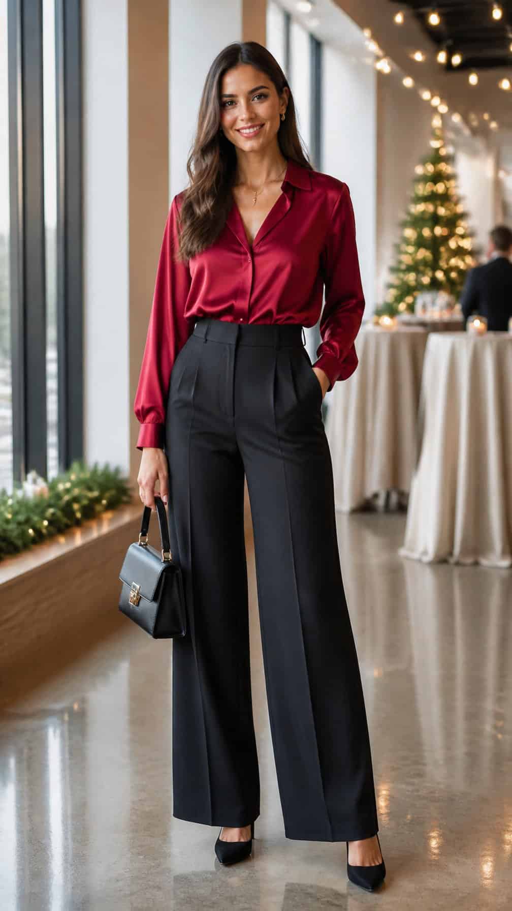 A woman wearing a red satin blouse and tailored wide-leg trousers at a festive office gathering.