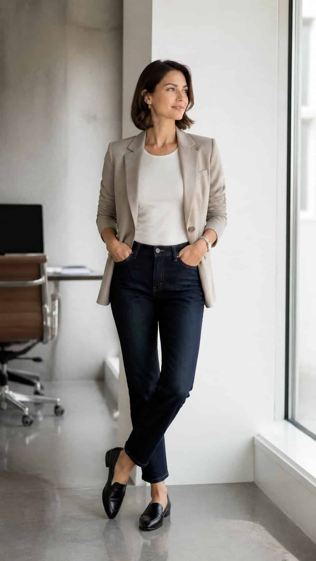 A professional woman wearing a relaxed blazer, dark jeans, and simple accessories in a bright modern office.