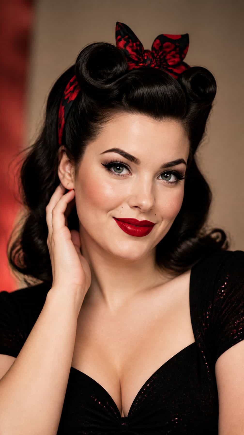 Woman wearing glamorous retro pin-up Halloween makeup with winged eyeliner, red lipstick, and vintage-styled hair.