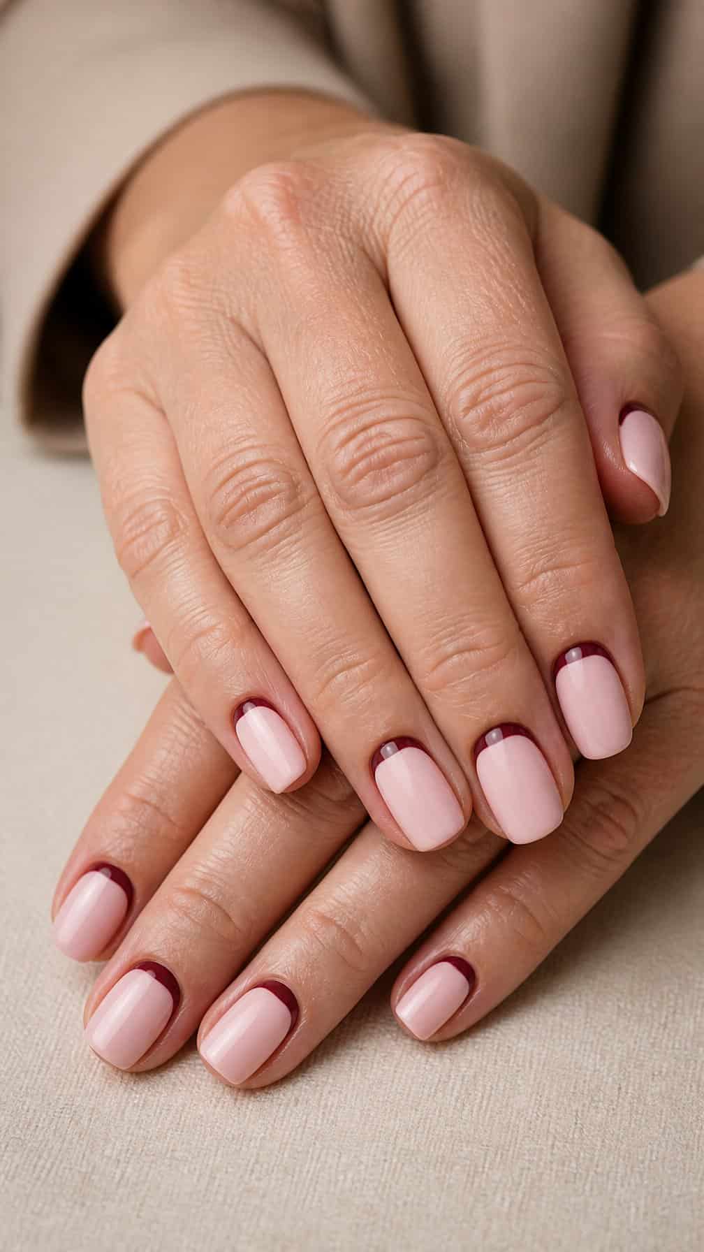 A woman’s hands displaying burgundy and blush reverse French manicure nails.
