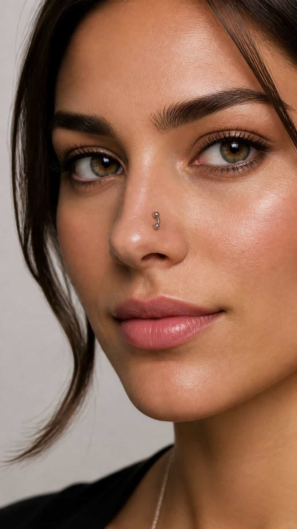 Close-up portrait of an adult wearing a curved barbell rhino nose piercing.