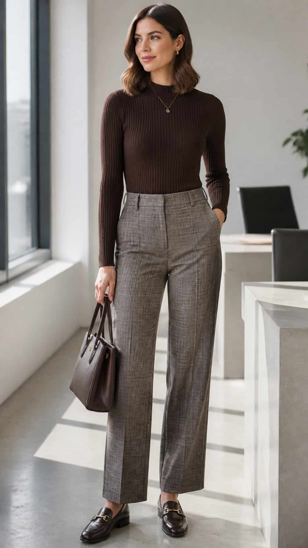 A woman wearing a ribbed knit top and checked trousers stands in a modern office.