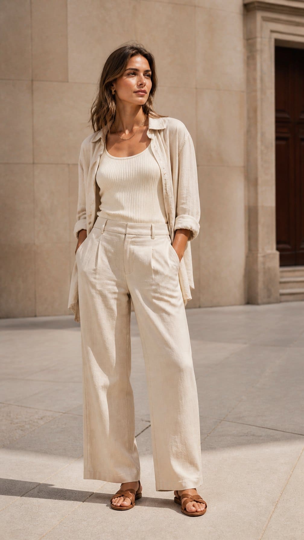 A person wearing a ribbed tank top, linen trousers, and an open overshirt in an urban setting.