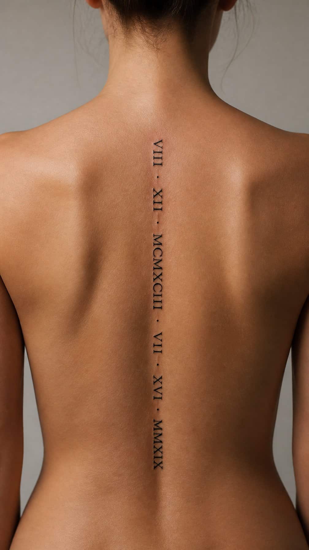 A person’s back with a vertical Roman numeral date tattoo centered along the spine.