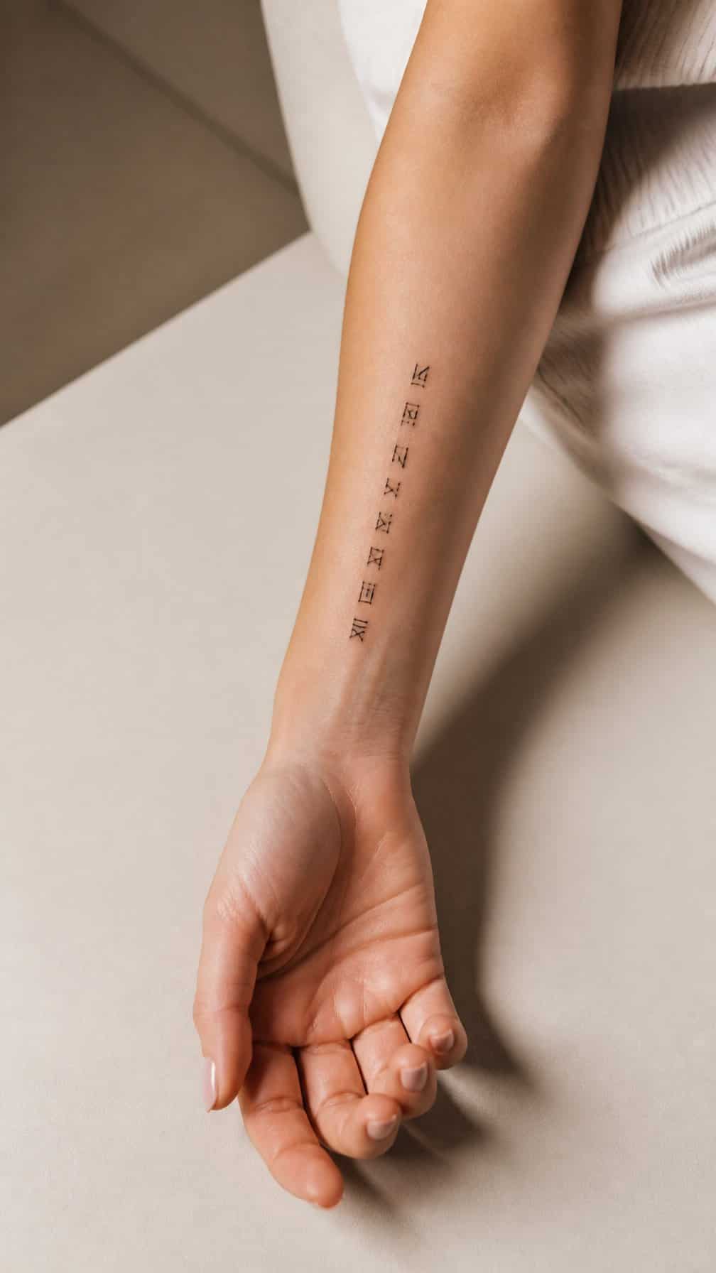 Close-up of a woman’s forearm displaying a small minimalist tattoo.